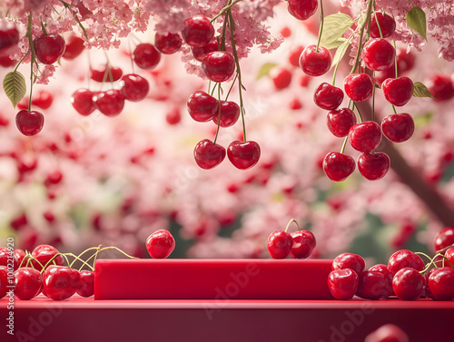 Vibrant cherry fruit hanging from a delicate branch amidst pink blossoms, showcasing nature's beauty in springtime. photo