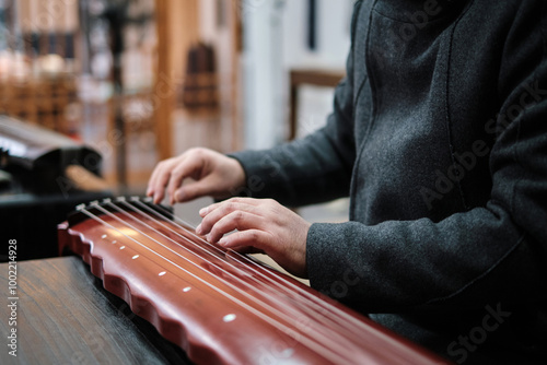 The guqin is a Chinese plucked musical instrument photo