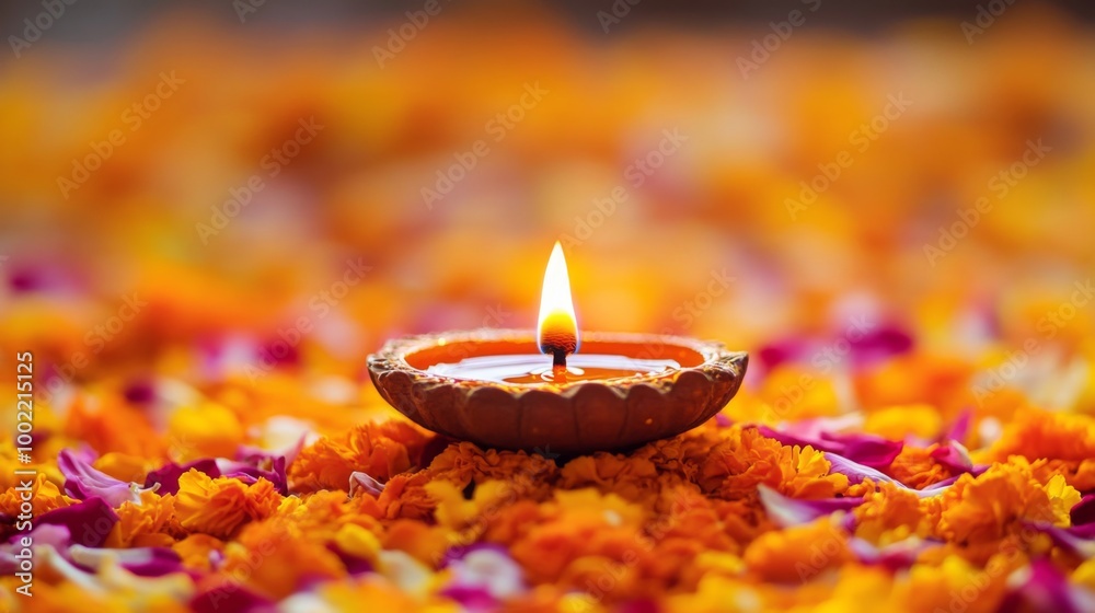 A Lit Clay Diya Amidst a Bed of Marigold and Rose Petals A Lit Clay Diya Amidst a Bed of Marigold and Rose Petals