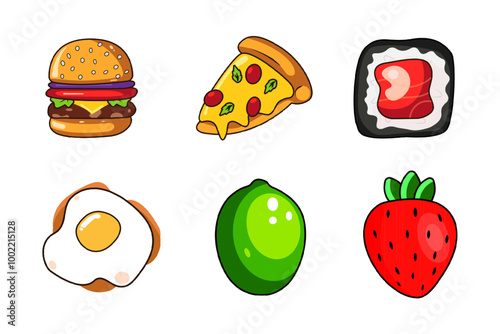 food icons set featuring pizza, burger, sushi