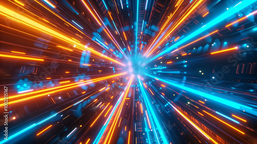 A vibrant, abstract burst of blue and orange light streaks converging at a central point, suggesting motion and energy in a digital environment.