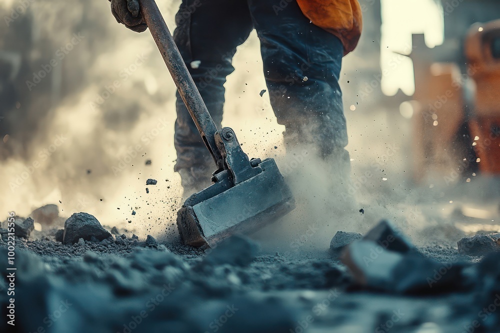 A construction worker uses a jackhammer to break up concrete, creating a cloud of dust. A construction worker uses a jackhammer to break up concrete, creating a cloud of dust.