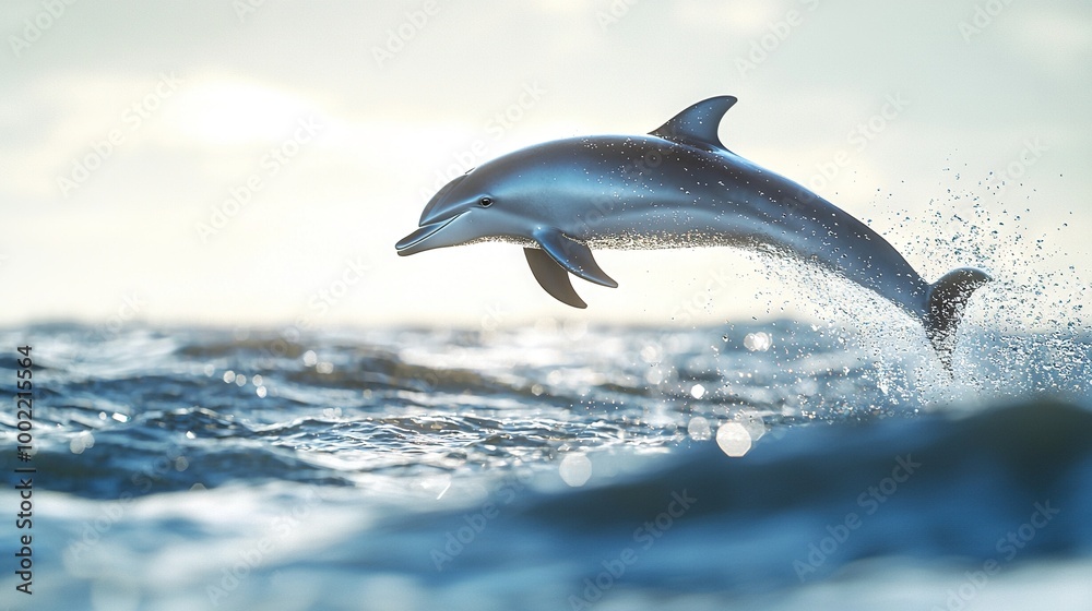 Fototapeta premium A dolphin jumps out of water with its mouth open and head above the surface