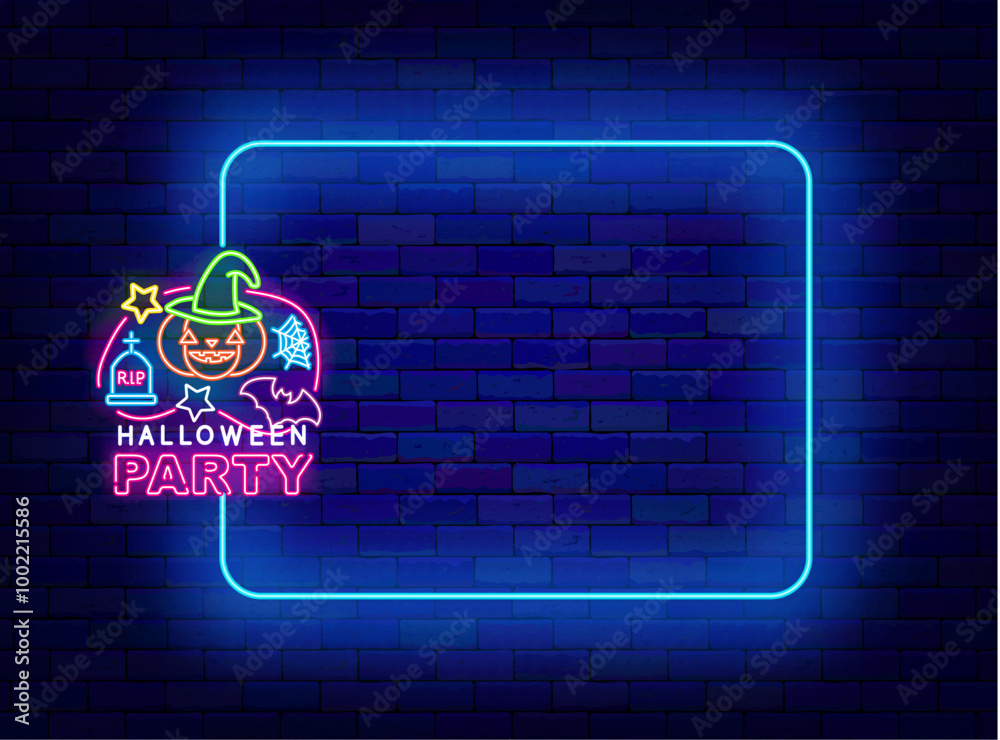 Halloween party neon poster. Empty blue frame and text with pumpkin. October holiday and season sale. Shiny advertising. Copy space. Vector stock illustration Halloween party neon poster. Empty blue frame and text with pumpkin. October holiday and season sale. Shiny advertising. Copy space. Vector stock illustration