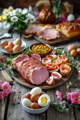 A rustic table arrangement featuring sliced ham, eggs, and fresh flowers in a...