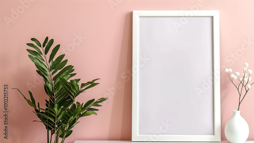 A minimalist interior scene featuring a blank white frame on a pink wall, accompanied by a green plant and a white vase with flowers.