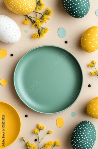 Decorative Easter table setting with colorful eggs and an empty plate ready f...