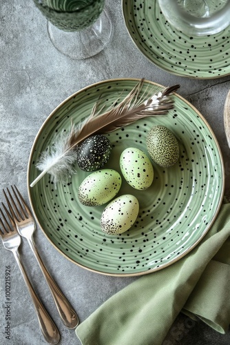 Decorative green eggs on a plate with fresh leaves and cutlery set for an Eas...