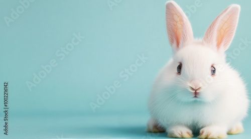Adorable white rabbit resting against a pastel blue background in a playful pose