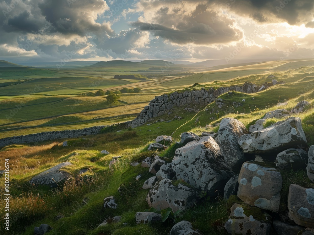 Landscape photograph of the beautiful rugged dales countryside in Yorkshire, with grassy hills and limestone rocky outcrops, sunlit clouds Landscape photograph of the beautiful rugged dales countryside in Yorkshire, with grassy hills and limestone rocky outcrops, sunlit clouds
