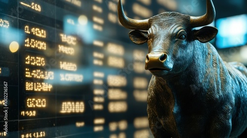 Majestic bull statue positioned in front of a fluctuating stock market board, with digital numbers and arrows indicating rising trends, embodying prosperity and optimism