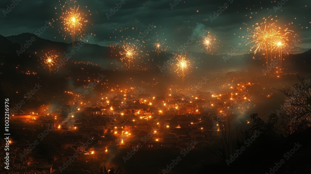 Nighttime View of a Small Village with Fireworks Display Nighttime View of a Small Village with Fireworks Display