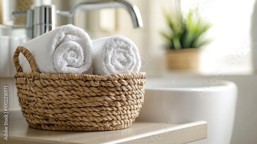 A woven basket used as home decor, holding rolled-up towels in a bathroom setting.