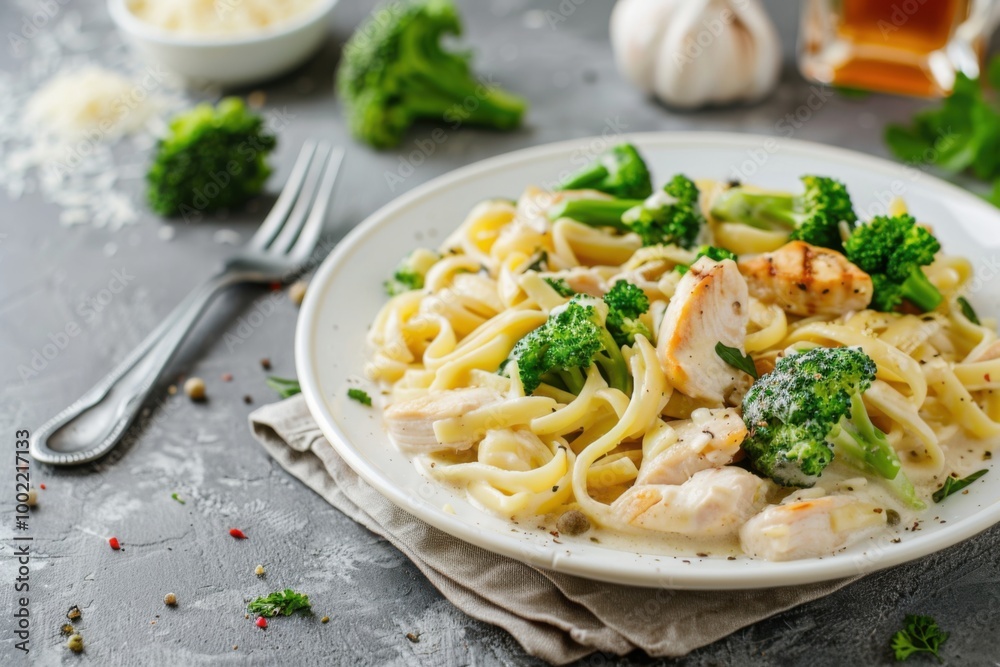 A plate of creamy chicken Alfredo pasta with broccoli, served on a white plate with a rustic background. Copy space A plate of creamy chicken Alfredo pasta with broccoli, served on a white plate with a rustic background. Copy space