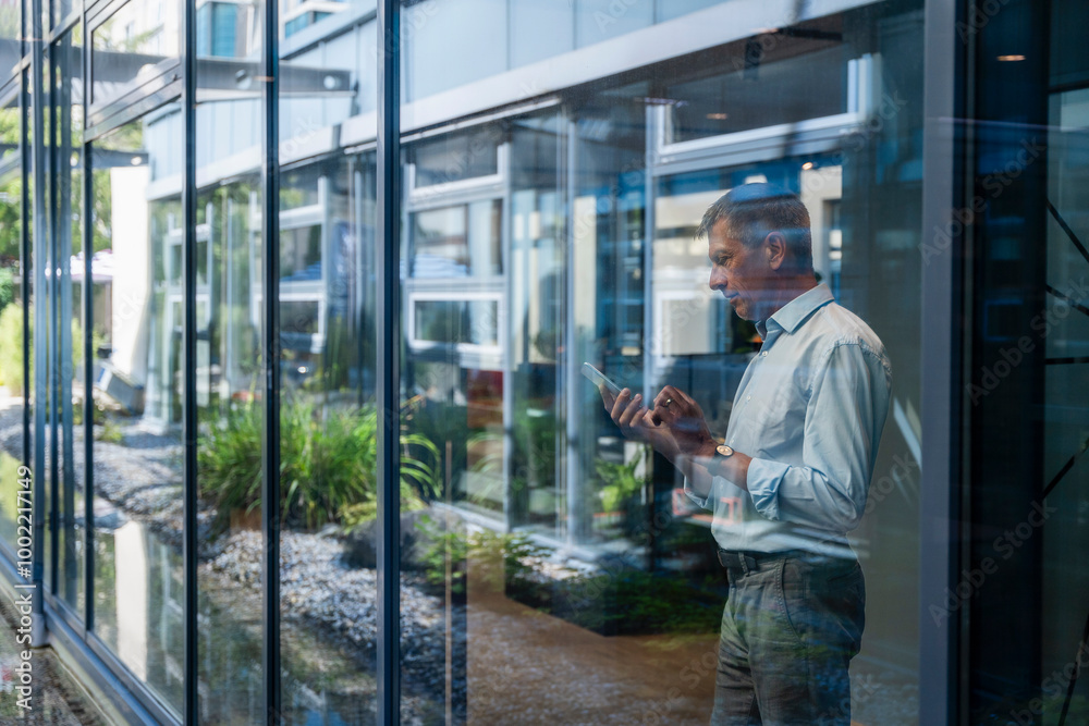 Businessman using smart phone seen through glass Businessman using smart phone seen through glass