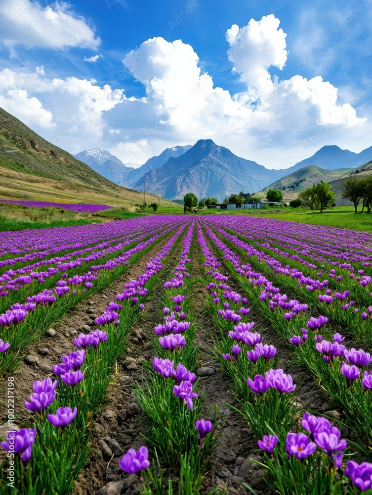A vibrant field of purple flowers stretches toward majestic mountains under a blue sky with fluffy clouds. A vibrant field of purple flowers stretches toward majestic mountains under a blue sky with fluffy clouds.