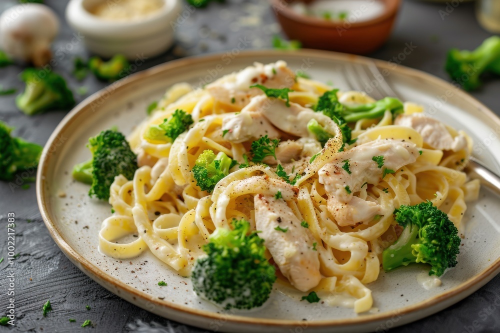 A plate of creamy chicken Alfredo pasta with broccoli, served on a white plate with a rustic background. Copy space A plate of creamy chicken Alfredo pasta with broccoli, served on a white plate with a rustic background. Copy space