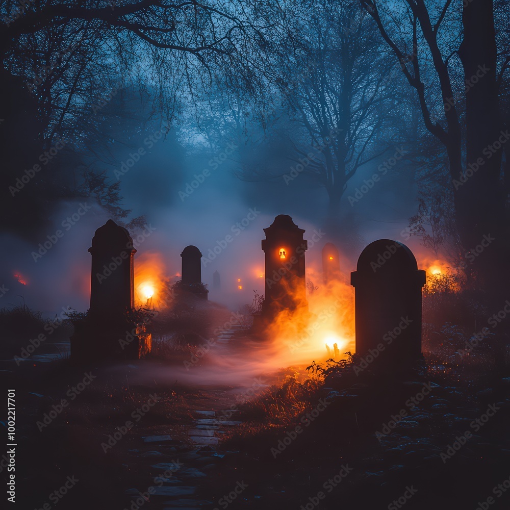 Creepy Halloween graveyard with tombstones, ghosts, and fog