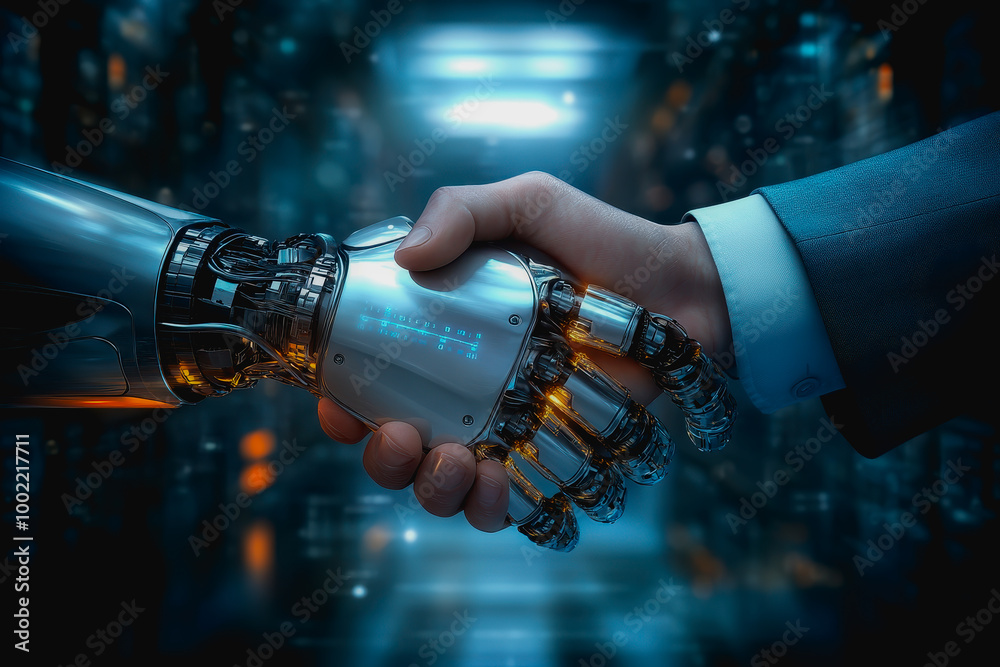 Fototapeta premium Robotic and human handshake representing AI-human cooperation in a futuristic digital world