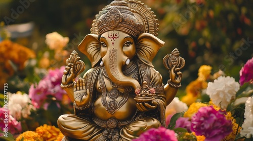 Golden Ganesha Statue Surrounded by Vibrant Flowers