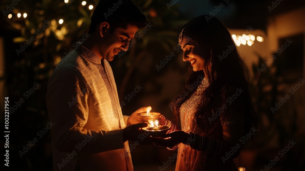 Couple holding lit diyas during a nighttime celebration Couple holding lit diyas during a nighttime celebration