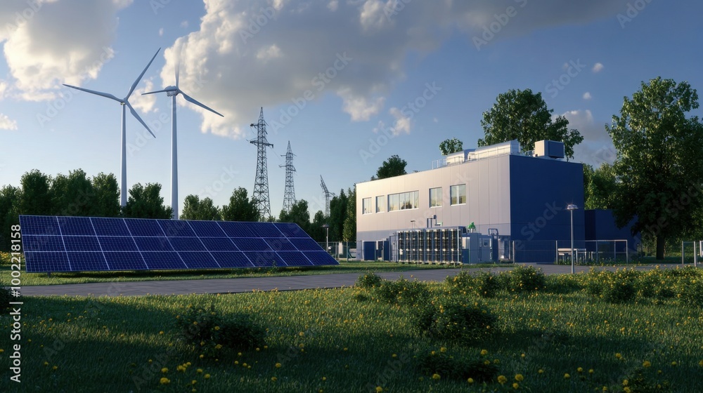 Hybrid power plant integrating solar panels and wind turbines, representing advanced green energy solutions. Hybrid power plant integrating solar panels and wind turbines, representing advanced green energy solutions.