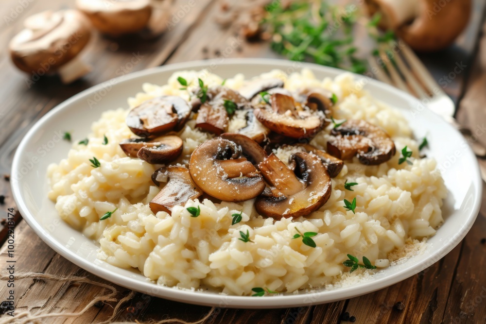 A plate of creamy risotto with mushrooms and Parmesan cheese, garnished with fresh herbs. Copy space A plate of creamy risotto with mushrooms and Parmesan cheese, garnished with fresh herbs. Copy space