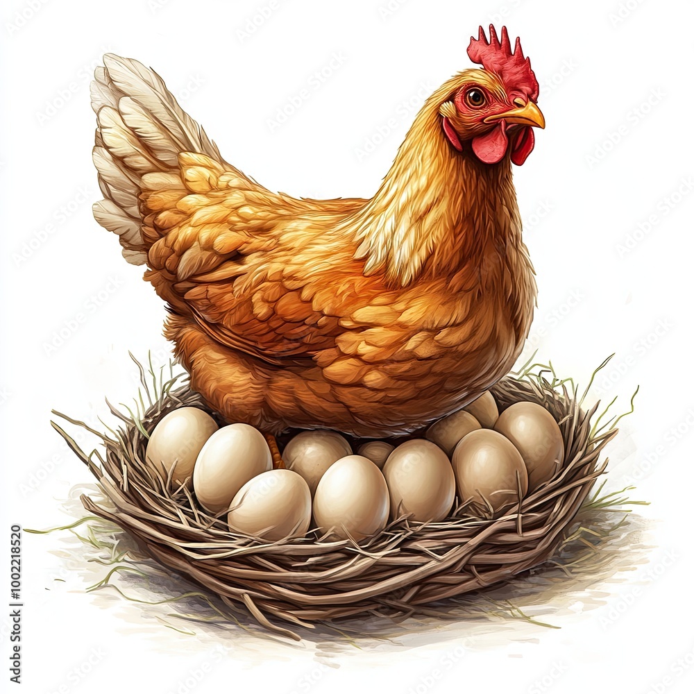 Hen Sitting on Nest with Eggs, Illustration of a hen sitting on a nest ...
