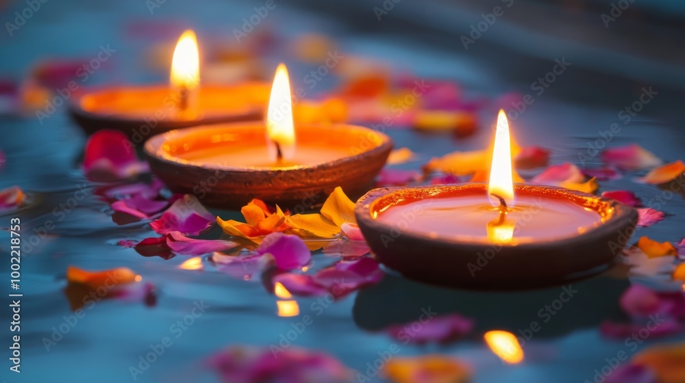 Three Burning Candles Floating in Water with Rose Petals