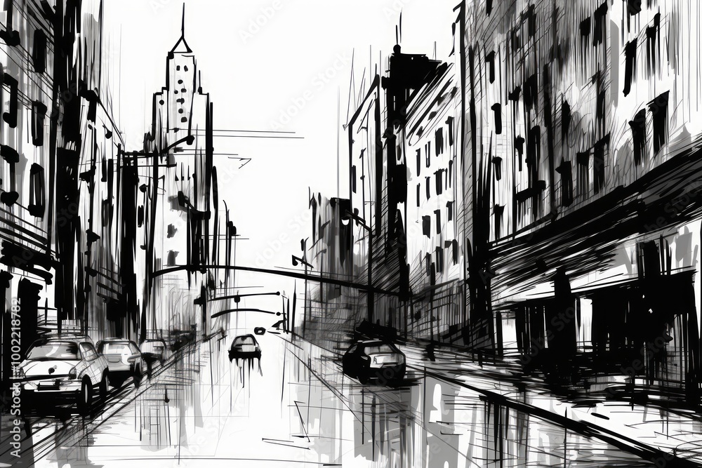 Fototapeta premium City hand drawn sketch. European city street. Black and white colors. Buildings and cars