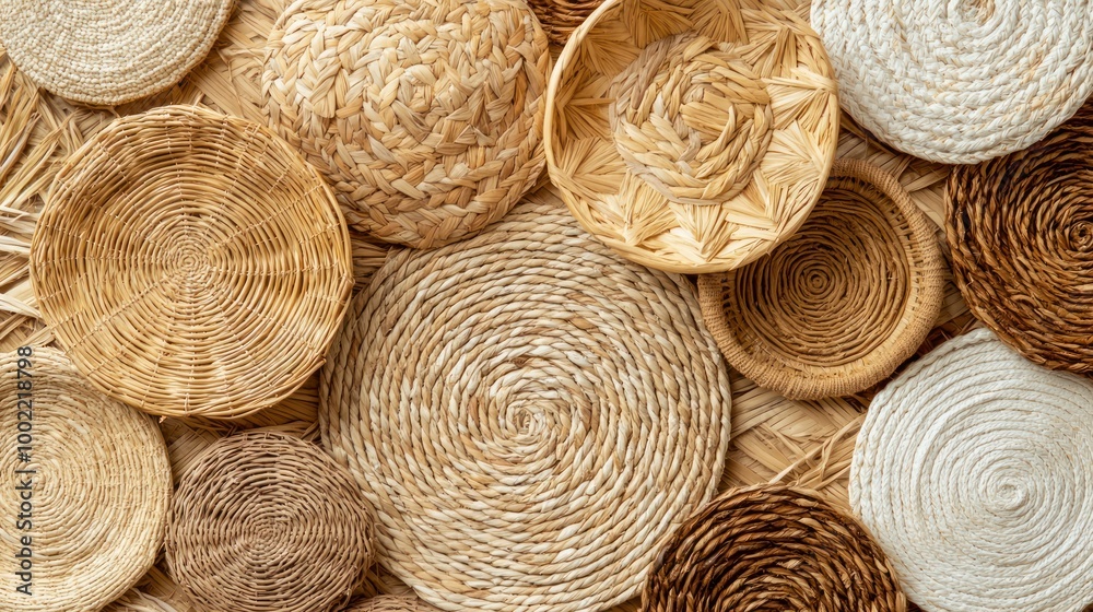 A flat lay of woven circles in various sizes, made from different materials like straw and yarn. A flat lay of woven circles in various sizes, made from different materials like straw and yarn.