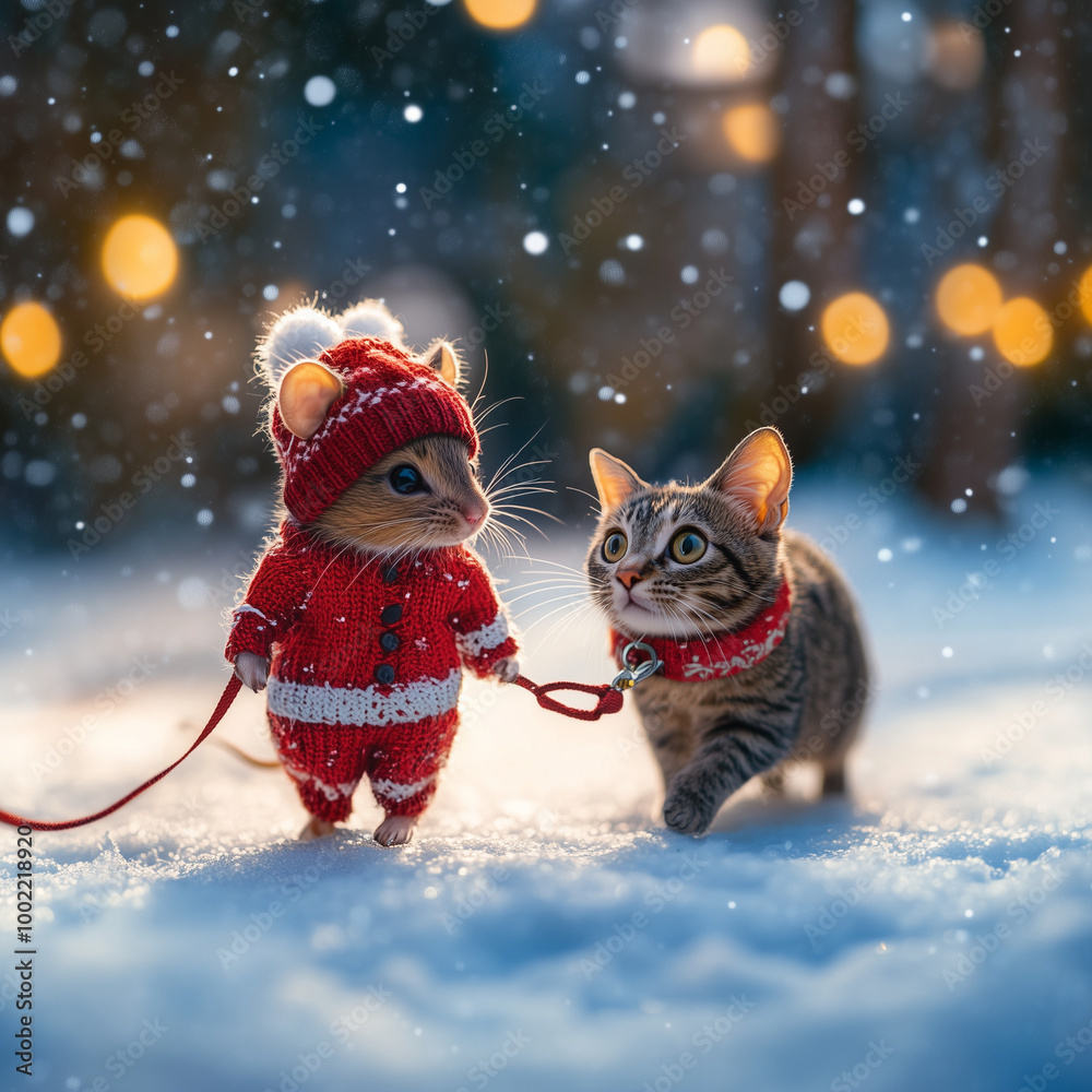 Mouse walking cute little kitten on leash in the snowy evening in forest Mouse walking cute little kitten on leash in the snowy evening in forest