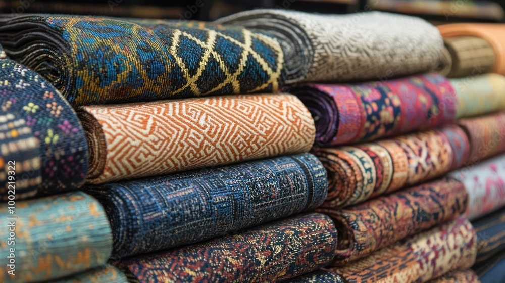 A collection of woven textiles in different colors and patterns, displayed in a fabric store. A collection of woven textiles in different colors and patterns, displayed in a fabric store.
