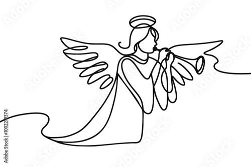 Vector linear image on white background, one line. Angel blowing a trumpet. angel with a trumpet in his hands