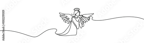 Vector linear image on white background, one line. Angel blowing a trumpet. angel with a trumpet in his hands