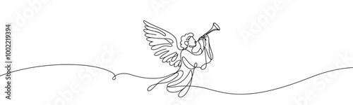Vector linear image on white background, one line. Angel blowing a trumpet. angel with a trumpet in his hands