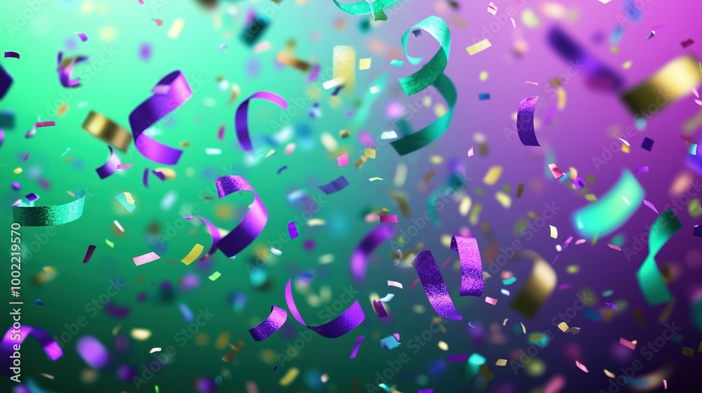 A combination of purple and green confetti covers the background, with more falling from above A combination of purple and green confetti covers the background, with more falling from above