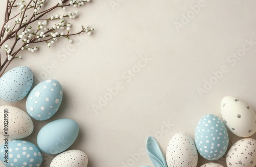 Decorative pastel eggs and bunny ears arranged on a light surface for a sprin...