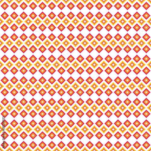 Burmese pattern, geometric pattern, seamless, pinkish red and yellow mixed together beautifully, fabric pattern for textiles, curtains, clothing, sarongs.