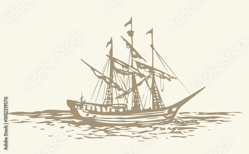 Vector landscape. Sketch of a fishing boat