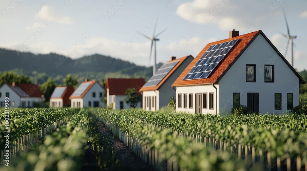 Futuristic Eco-Conscious Village with Diverse Passive Houses - 3D Animation with Solar Panels and Windmills in Lush Environment. Futuristic Eco-Conscious Village with Diverse Passive Houses - 3D Animation with Solar Panels and Windmills in Lush Environment.