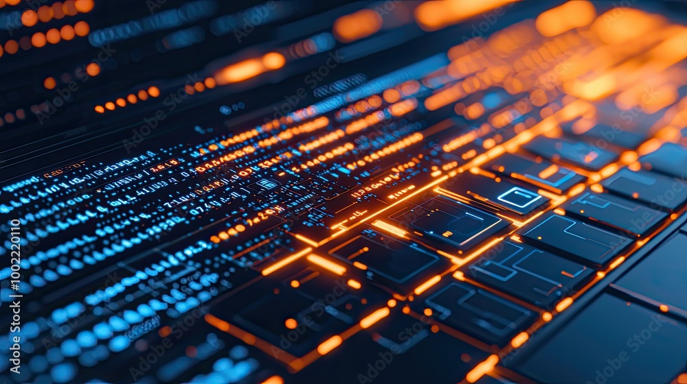A close-up of a keyboard with glowing keys, surrounded by vibrant blue and orange data streams, representing technology and digital innovation. A close-up of a keyboard with glowing keys, surrounded by vibrant blue and orange data streams, representing technology and digital innovation.