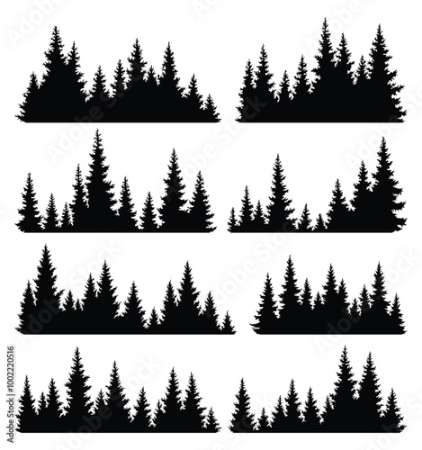 Obraz na płótnie Set of fir trees silhouettes. Coniferous spruce horizontal background patterns, black evergreen woods vector illustration. Beautiful hand drawn panoramas of coniferous forest w salonie