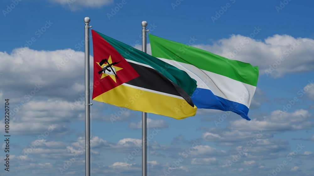Sierra Leone or Salone and Mozambique flags flying together, video concept of the relationship, two country cooperation concept Sierra Leone or Salone and Mozambique flags flying together, video concept of the relationship, two country cooperation concept