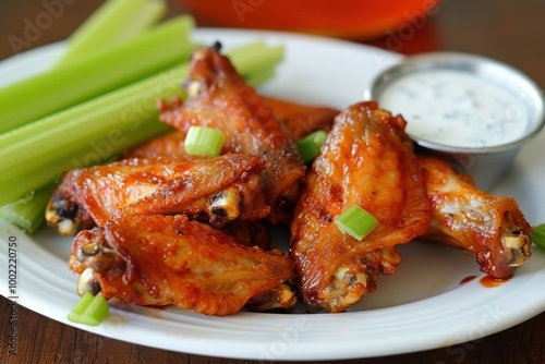 A plate of crispy chicken wings with a side of ranch dressing and celery sticks