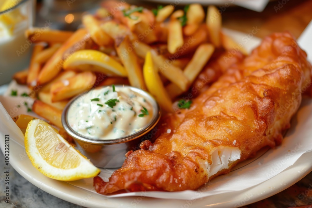 A plate of crispy fish and chips with tartar sauce and lemon wedges A plate of crispy fish and chips with tartar sauce and lemon wedges