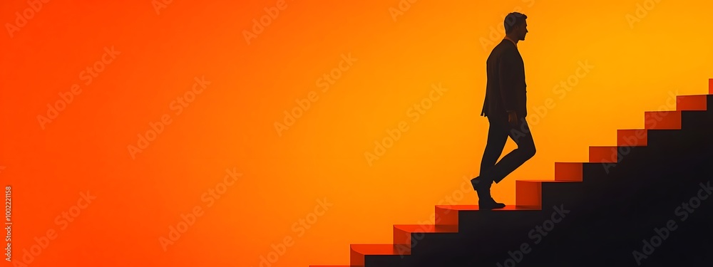 A man walking up the stairs, symbolizing progress and success in business or professional life A man walking up the stairs, symbolizing progress and success in business or professional life
