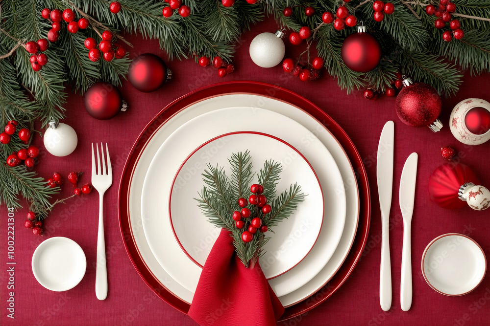 Christmas dinner table set with red ornaments, fir branches, and festive dinnerware on a red background Christmas dinner table set with red ornaments, fir branches, and festive dinnerware on a red background