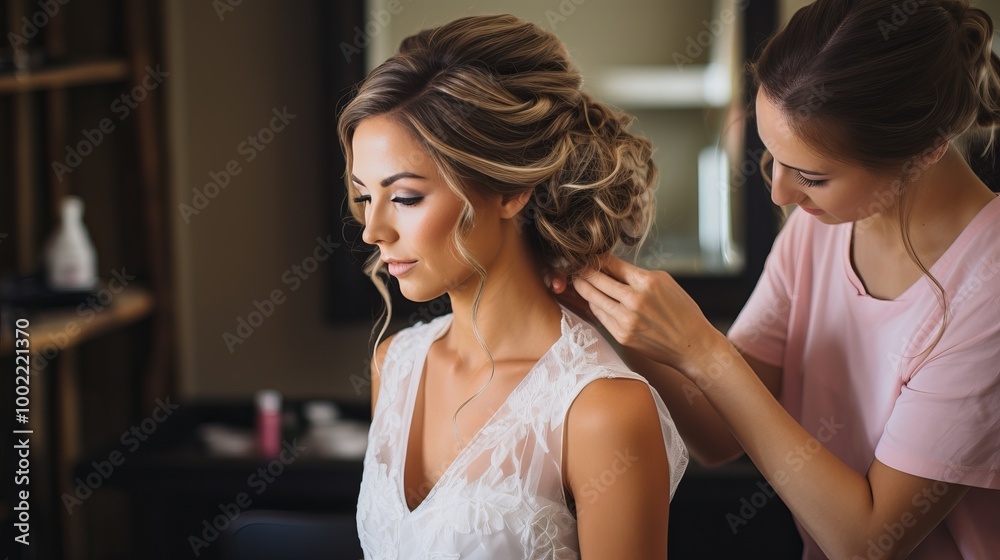 Naklejka premium Bridal preparations in a chic salon as the bride gets ready for her wedding day in soft light