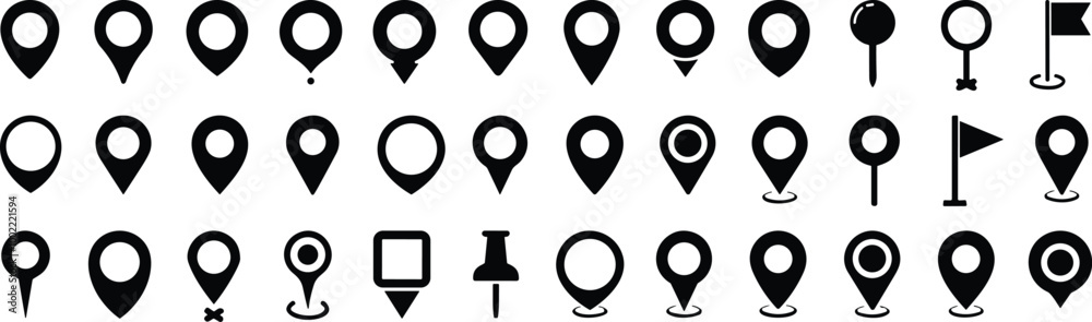 Location map pin icons set. Modern map marker collection. Pinpoint. Location pin icon. Map pin place marker. Map marker pointer icon. GPS location symbol. Flat style vector
